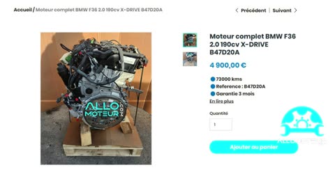 ALLOMOTEUR.COM - Moteur complet BMW F36 2.0 190cv X-DRIVE B47D20A