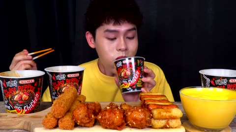 ASMR 파이어 고스트페퍼--소떡소떡 새우스틱 멘보샤 닭다리 치즈소스 찍먹방_ Ghost Pepper Noodles With Chicken Legs Menbosha MuKBang_