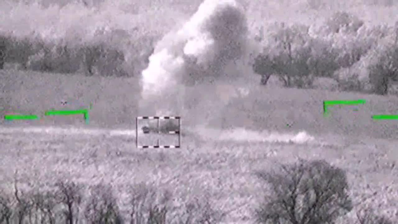 The destruction of Ukrainian tank by Russian Vikhr-1 missile launched from attack helicopter