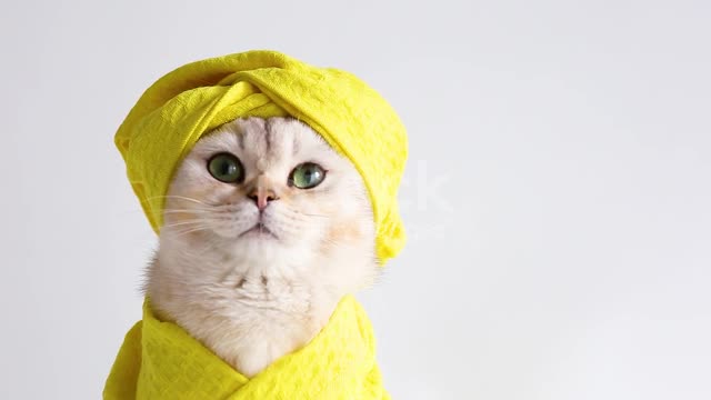 A beautiful white cat in a yellow towel and on his head after bathing procedures