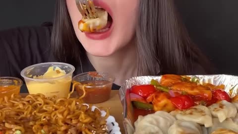 ASMR MOMO _ DUMPLINGS + BLACK BEAN NOODLES MUKBANG (No Talking) EATING SOUNDS #shorts