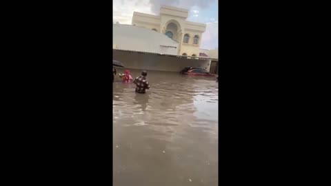 Heavy flood due to extreme rainfall in the streets of Al Doha, Qatar