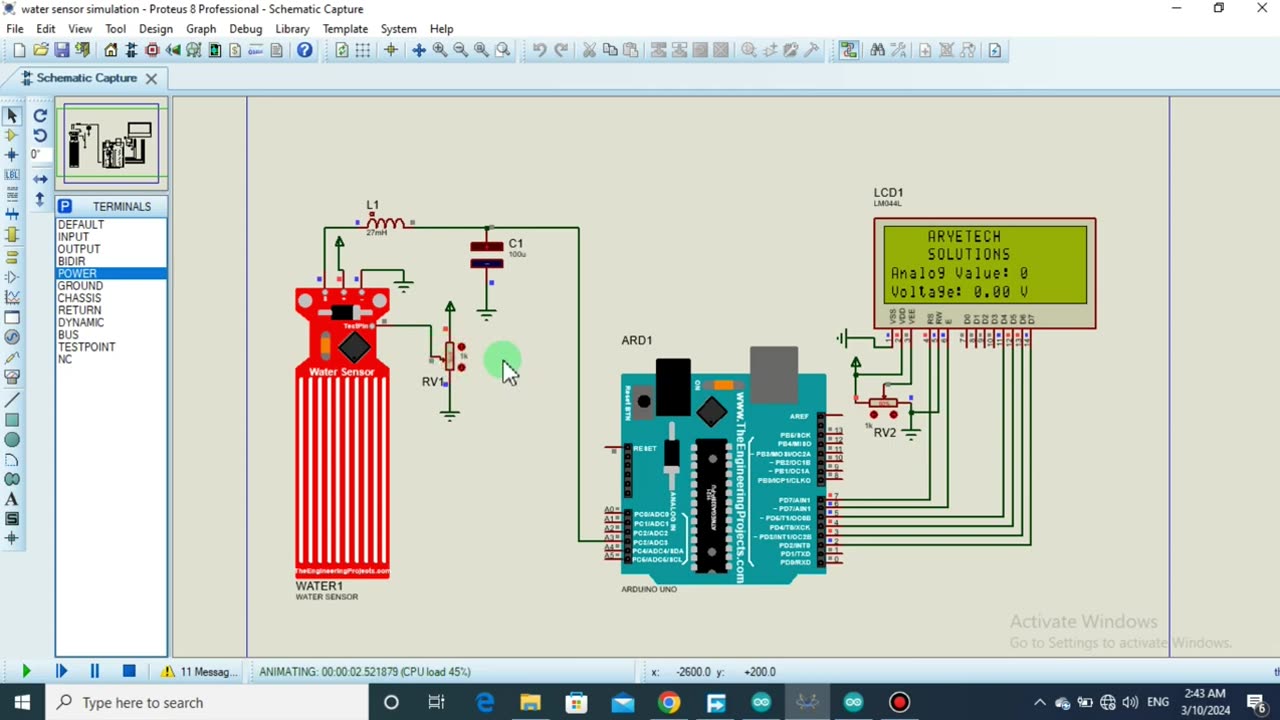 water sensor simulation in Proteus // water sensor projects // water sensor with Arduino and lcd