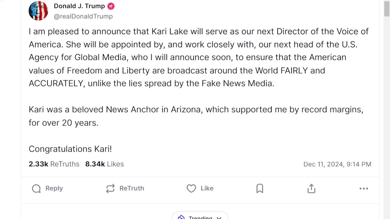 Kari Lake will serve as our next Director of the Voice of America