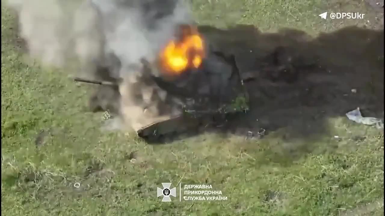 An abandoned Russian T-90M is destroyed by a Ukrainian FPV drone