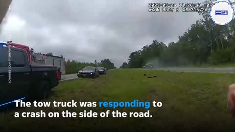 Motorist goes airborne from tow truck ramp into another car on highway