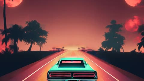 70s car driving down a digital landscape, retrowave, synthwave, 8k