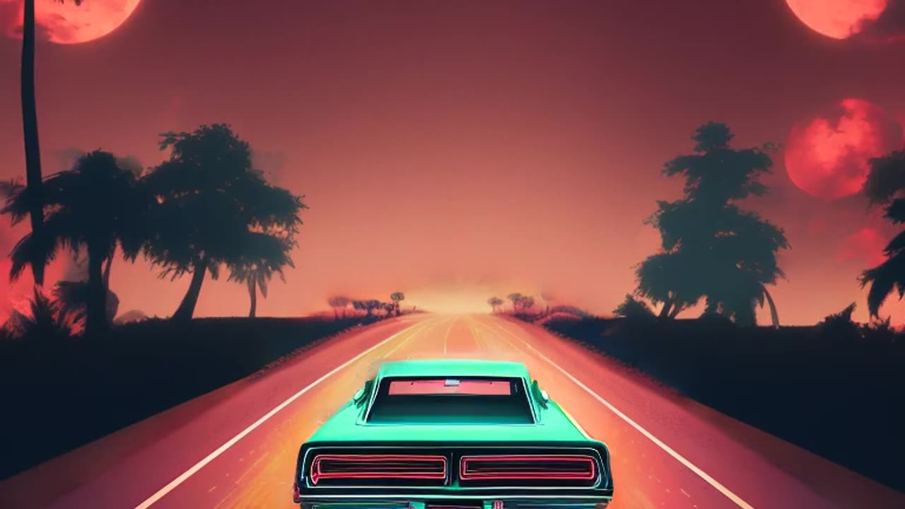 70s car driving down a digital landscape, retrowave, synthwave, 8k