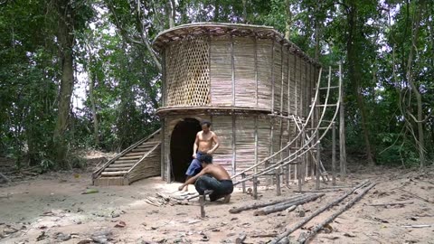 100 Days Build Underground Two Story Villa with Grass Roof and Waterslide To Swimming Pool