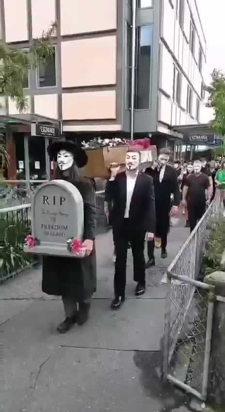Protesters in Queenstown, New Zealand hold a ‘Freedom Funeral’ Yesterday