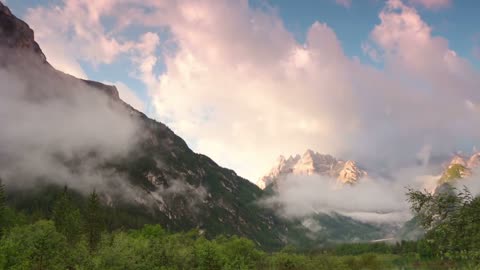 Nature Fog and Clouds over Lake and Mountains HD Scene Loop Background Beauty