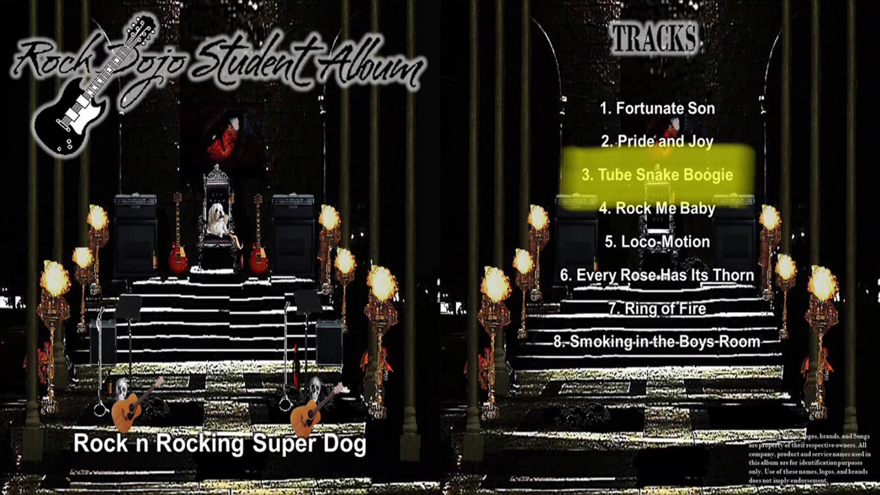 RockDojoStudentAlbum#5 “RockNRockingSuperDog”: ZZTOP (Tube Snake Boogie cover) Track 3