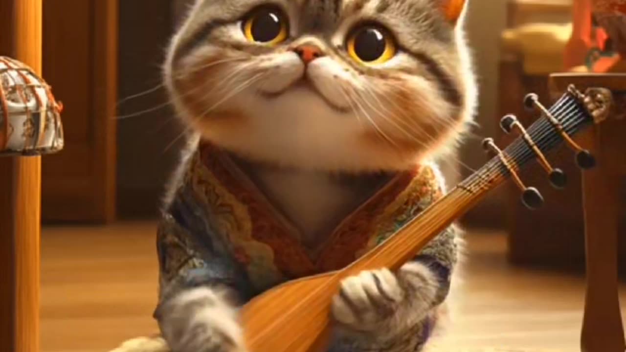 Adorable Cat Playing the Mandolin in Traditional Chinese Outfit