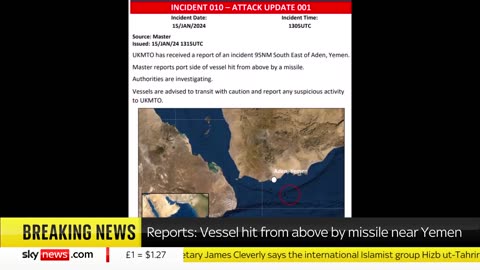 US-owned ship struck by a missile off the coast of Yemen.