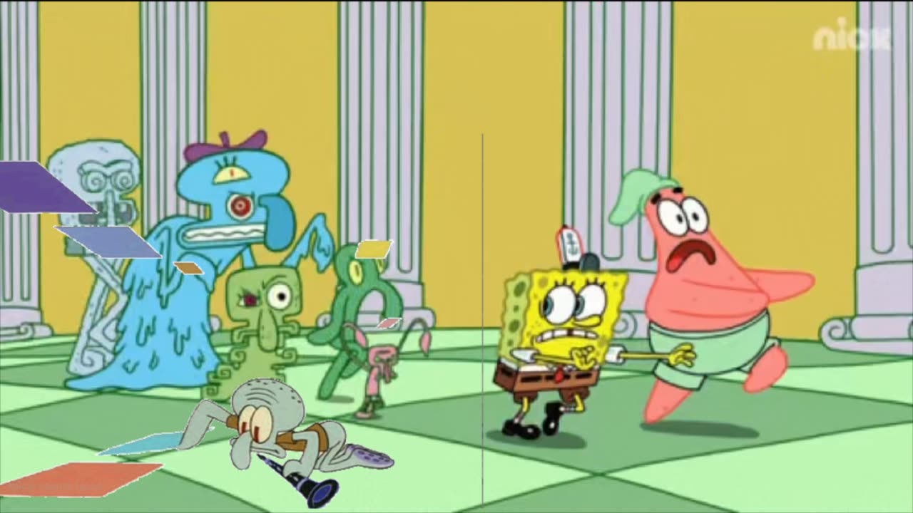 Squidward Is Playing With Tiles While SpongeBob And Patrick Are Being Chased By Monsters 😈