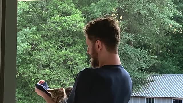 Guy Uses His Shirt to Help a Stuck Kitten