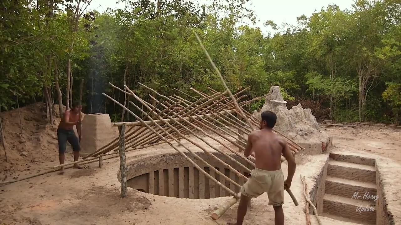 Building underground hut with grass room & firebase clay