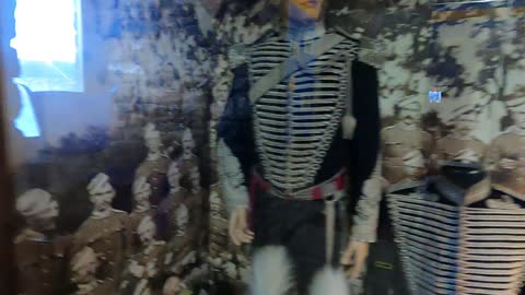 Military uniform of different periods of time. Pembroke castle. Wales. March 2021