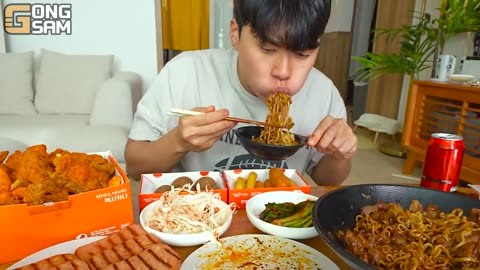 ASMR MUKBANG | CHEETOS Fried Chicken, cheese stick, black bean noodles, Korean Food recipe ! eating