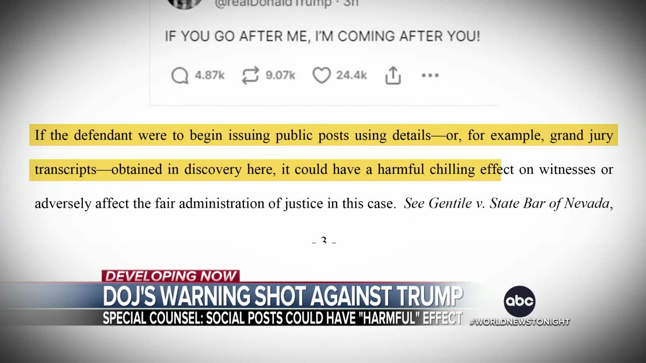 Justice Department warning shot to former President Trump