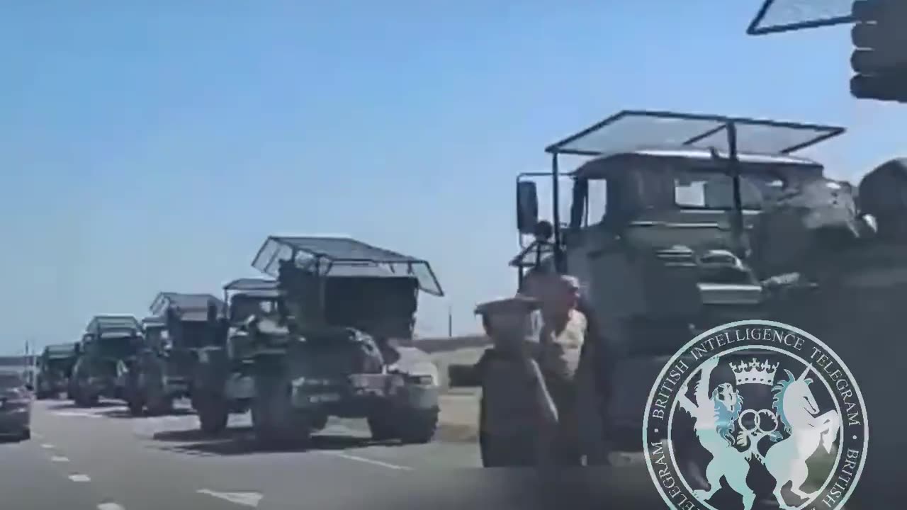 Large number of Russian artillery unit BM-21 MLRS with anti drone cages