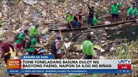 Tone-toneladang basura dulot ng Bagyong Paeng, naipon sa ilog ng Biñan