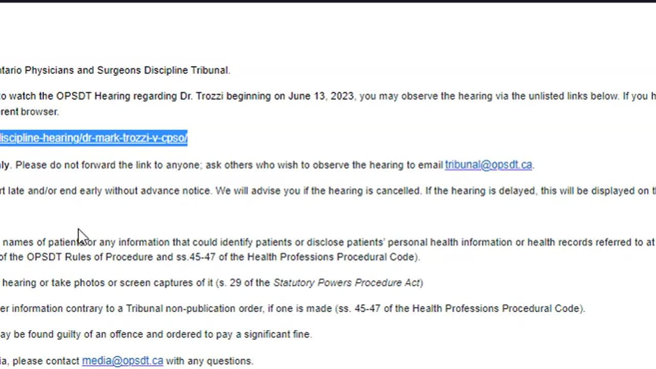 How to get around CPSO Tribunal link bug in auto-reply email for Dr Trozzi´s hearing