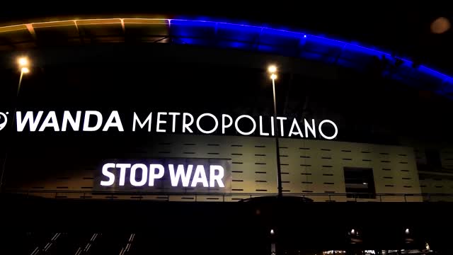 Atletico Madrid's stadium lights up in Ukrainian flag