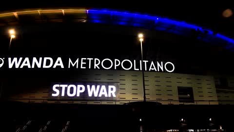 Atletico Madrid's stadium lights up in Ukrainian flag