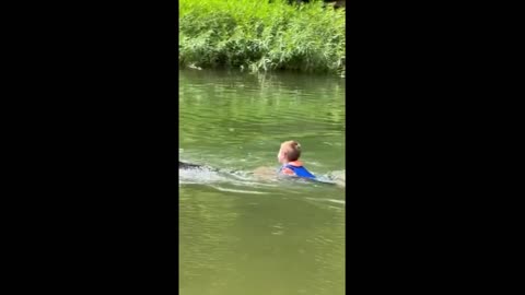 Horse pulls kid through water by his tail