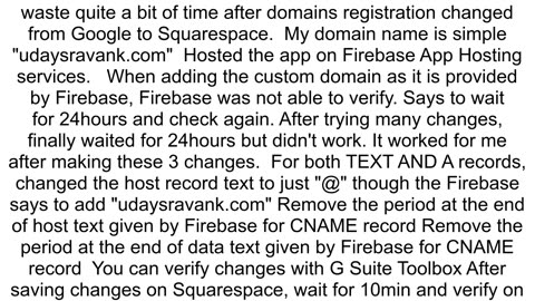 Not able to verify squarespace domain for nonwwwprefixed url in firebase