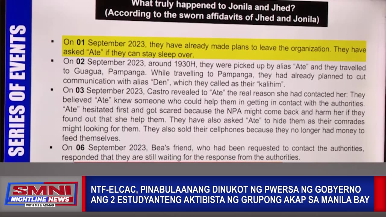 NTF-ELCAC, pinabulaanang dinukot ng pwersa ng gobyerno ang 2 estudyanteng aktibista