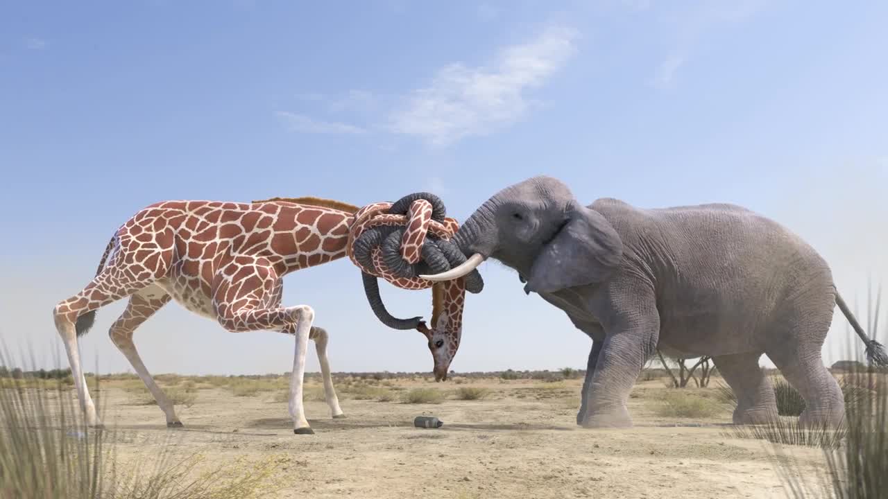 Elephant vs Giraffe Water Fight