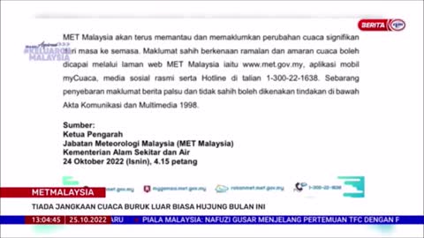 25 OKT 2022-BERITA TGH HARI-MET MALAYSIA-TIADA JANGKAAN CUACA BURUK LUAR BIASA HUJUNG BULAN INI