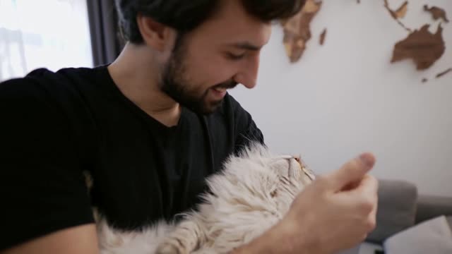 A young man caress his fluffy cat, holds it on arms