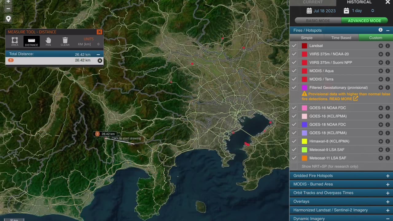 Mount Fuji hotspots and fires from 2023-06-25 ~ 07-24 monitored by NASA, 気象庁. 富士山噴火警戒。富士山北側山麓の気温が高い。