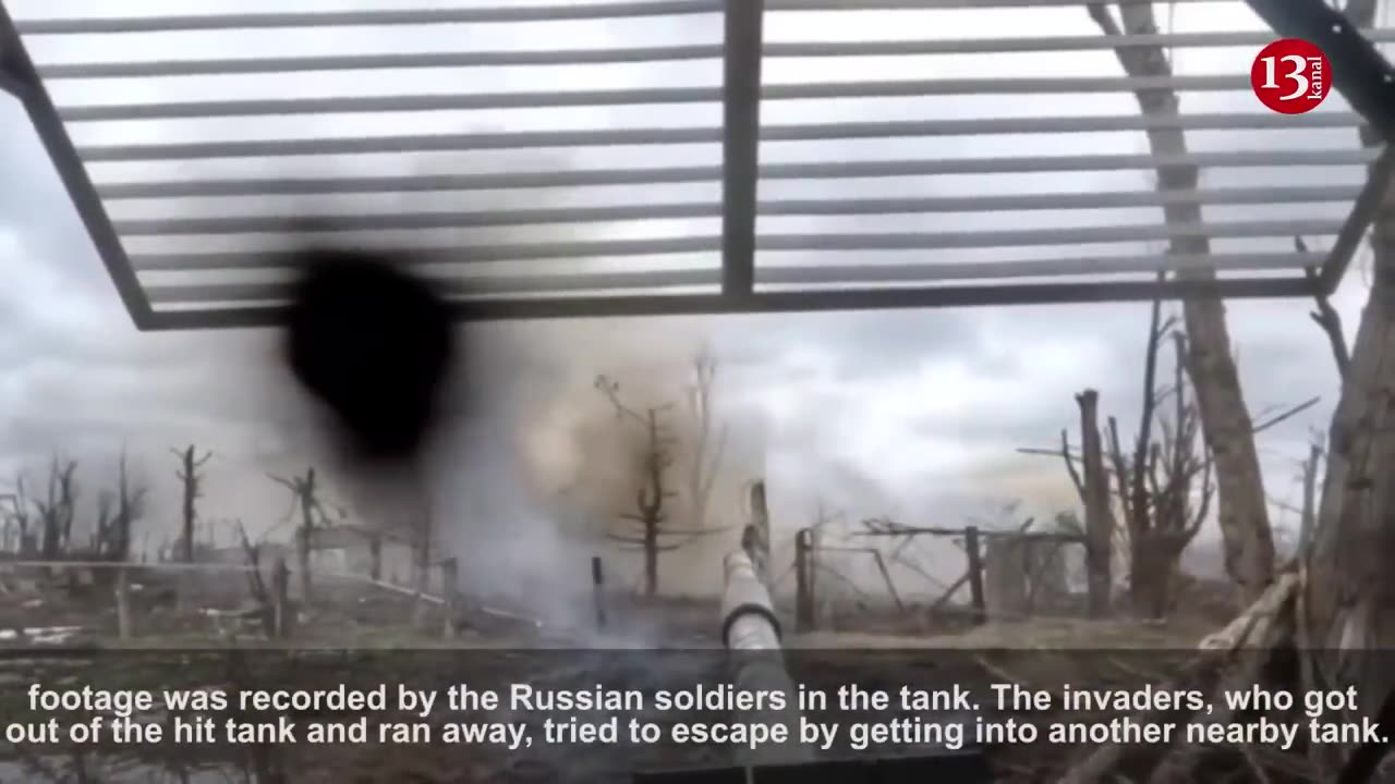 Russian tank opening fire at Ukrainian fighters was struck - Russians got off the tank and fled