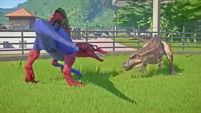 Spiderman Spinosaurus vs Batman, Chomper Dinosaur Fights in Jurassic World Evolution