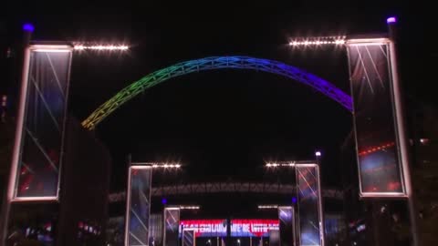 Wembley arch lit up in woke LGBTQ+