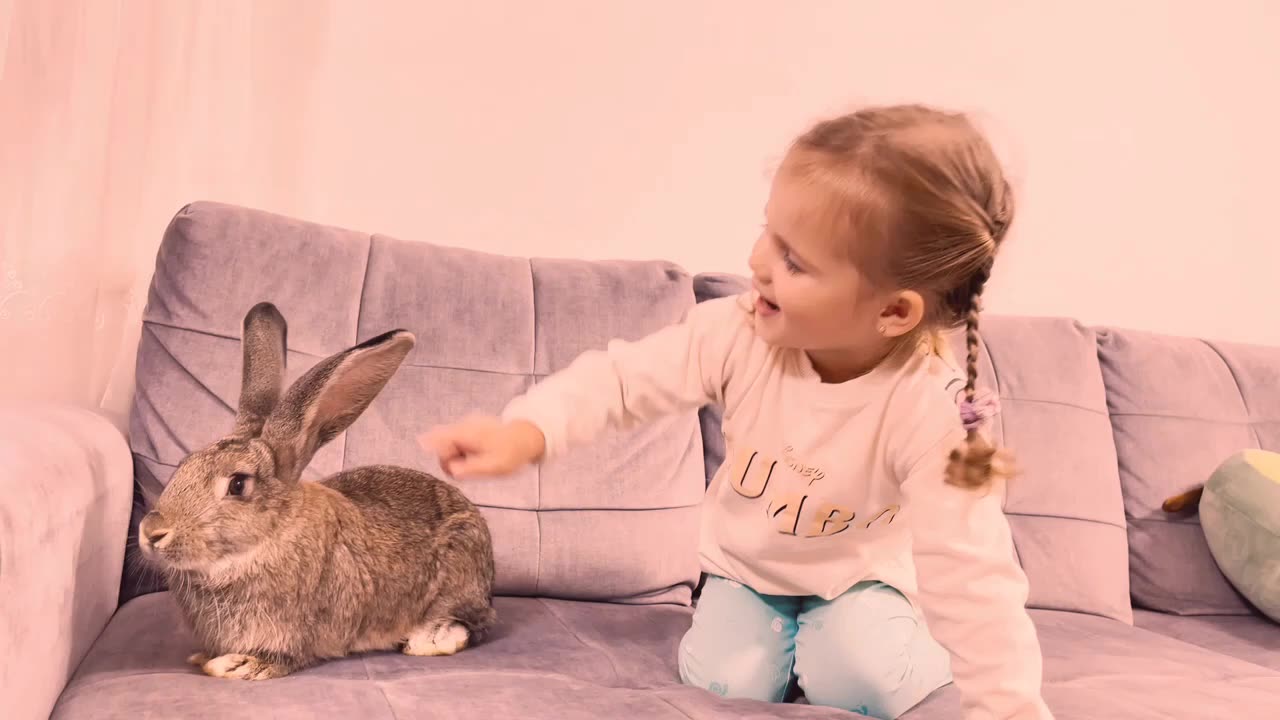 Adorable Little Girl Meets New Giant Rabbit for the First Time