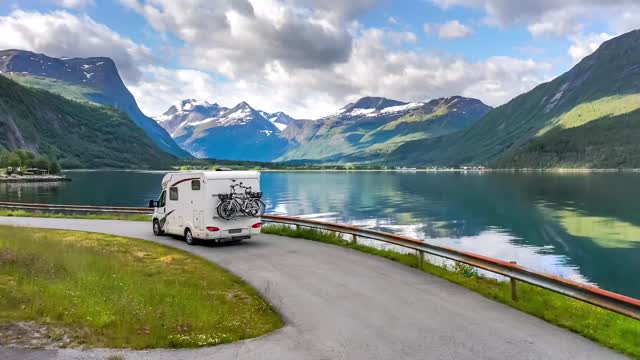 family vacation travel holiday trip in motorhome caravan car vacation beautiful nature norway