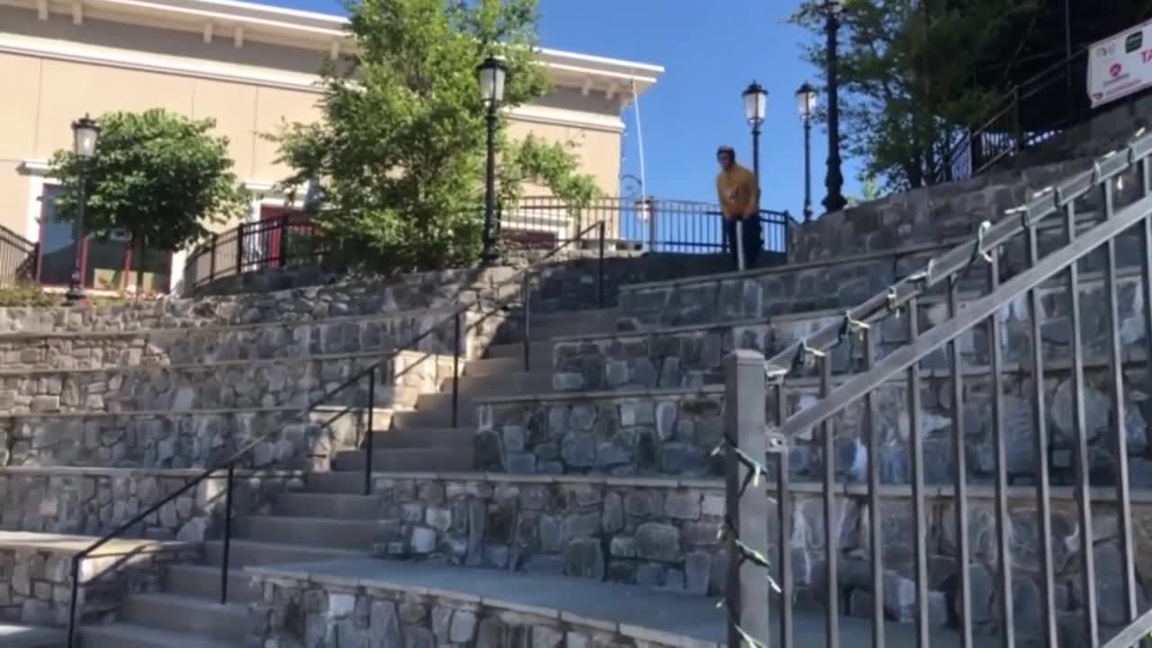 Jumping Down The Stairs On A Pogo Stick, Falls Right On His Butt