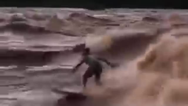Why not take advantage of the catastrophic flood for a bit of surfing?