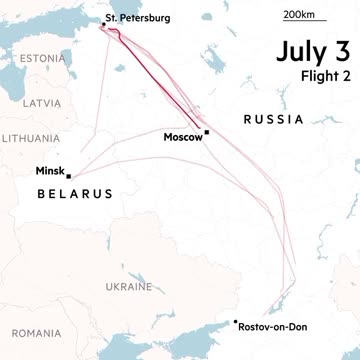 A map of Yevgeny Prigozhin's latest flights, mostly in Russia