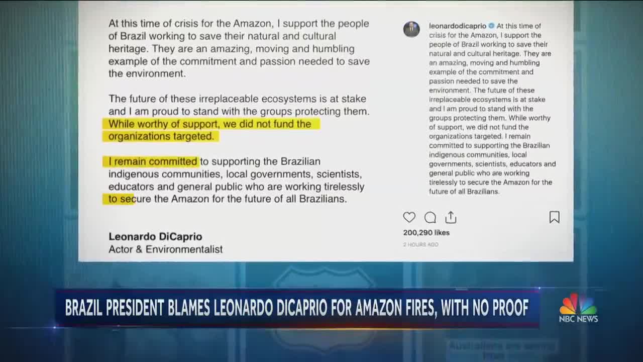 Leonardo DiCaprio Responds To Brazilian President’s Amazon Fires Accusation | NBC Nightly News