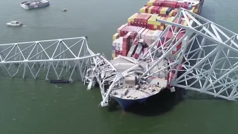 Aerial view of the collapsed structure in Baltimore