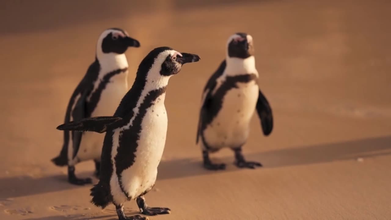 A Cute Penguins Walking On The Beach