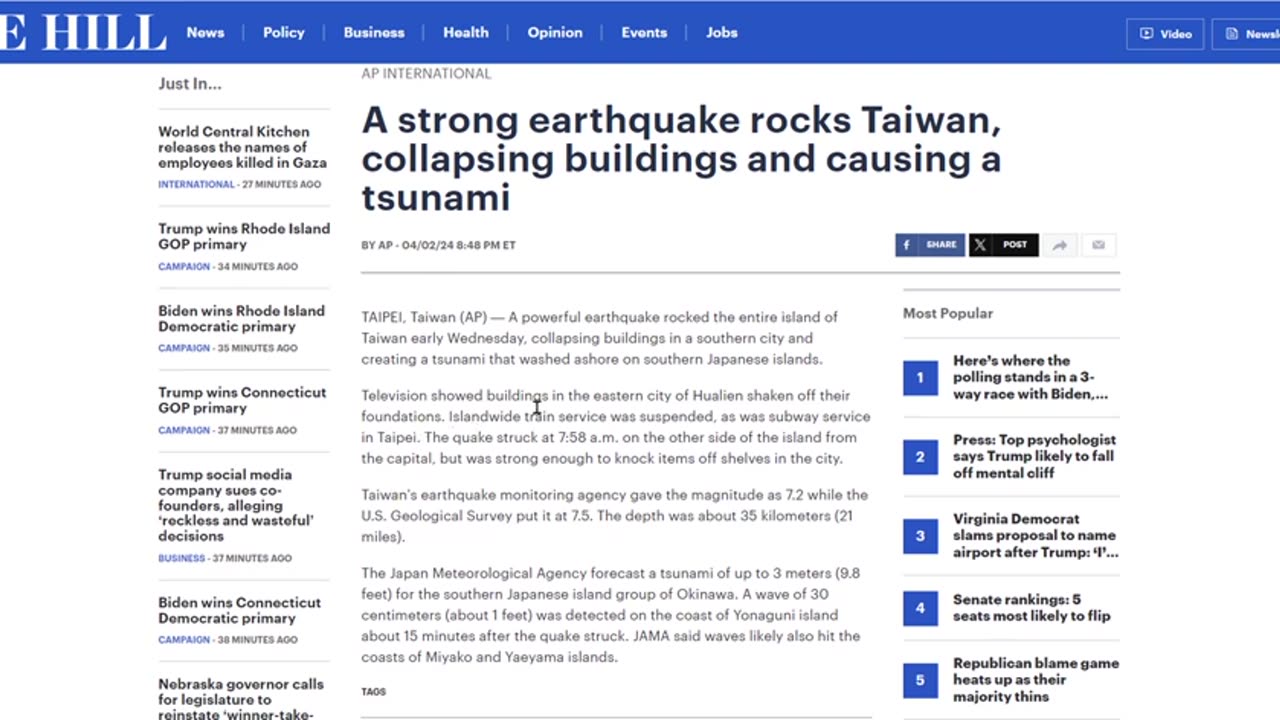 7.4 Quake Rocks Taiwan, Collapsing Buildings And Causing A Tsunami - Major Spring Snow For The US