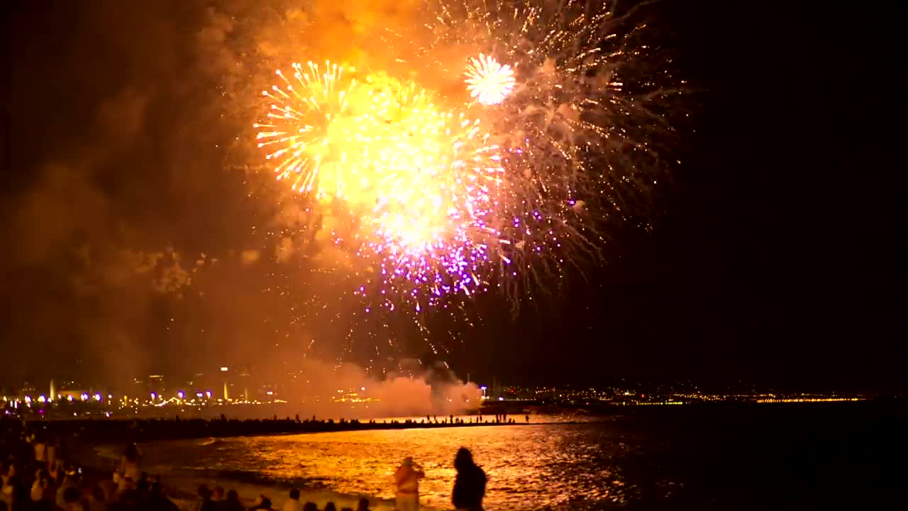 Fireworks illuminating the beach sky