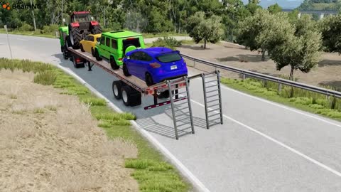 Flatbed Trailer Cars Transportation with Slide Color - Car vs Speed Bump vs Deep Water #3 - BeamNG